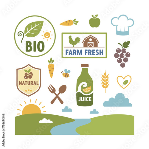 A collection of hand‑drawn stickers and elements depicting organic food and drink, natural products, restaurants, healthy food markets, and production, set against a natural background