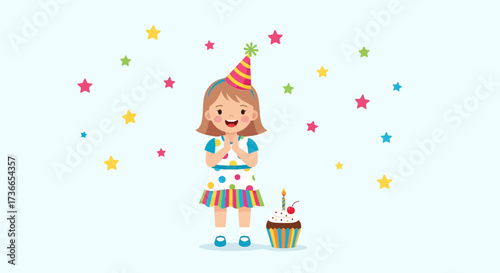 Cute little girl celebrating her birthday with a cupcake and colorful stars