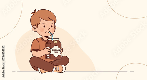 Cute Young Boy Savoring Chocolate Milk in A Simple Illustration
