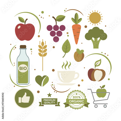 Set of organic food and drink icons and elements: vector illustrations for restaurants, food markets, e-commerce, organic product promotion, healthy living, and premium quality food and beverages
