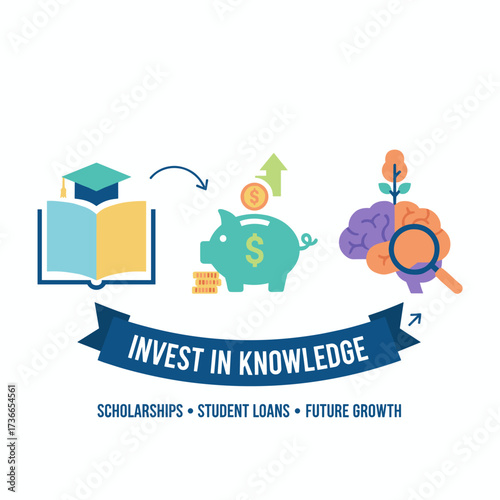 A flat design web banner promoting knowledge investment, student loans, and scholarships, featuring vector illustrations suitable for web, marketing, and print