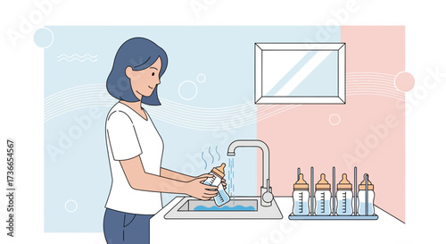 Dedicated Mother Washing Baby Bottle Preparing Formula for Infant Healthcare in Home