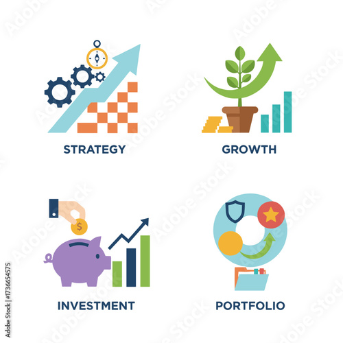 A collection of flat design illustration concepts tailored for strategic management and investment, suitable for web banners and promotional materials