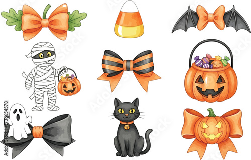 Cute halloween elements featuring a mummy pumpkin cat ghost and candy corn art