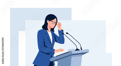 Dedicated Professional Adjusting Glasses Before Delivering A Speech At Podium Event