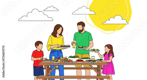 Family Picnic Illustration Celebrating Summer, Joyfully Dining Outdoors Under The Sun