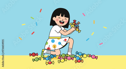 Delighted Girl Surrounded by Tasty Confections, a Joyous Celebration of Colorful Sweets