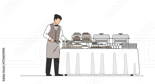 Elegant Buffet Setup Featuring Attentive Server Presenting Culinary Delights