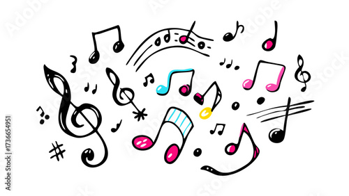 Illustration of musical notes and symbols in various styles scattered on a white background image design