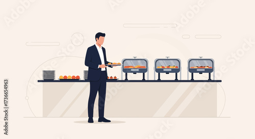 Elegant Businessman Inspects Buffet Options For a Formal Dining Event