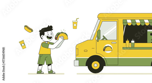 Delighted Kid Receives a Delicious Taco from a Vibrant, Modern Food Truck for Enjoyment