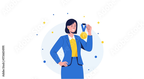 Elegant Businesswoman Holding Gold Medal Depicting Achievement and Success in Career