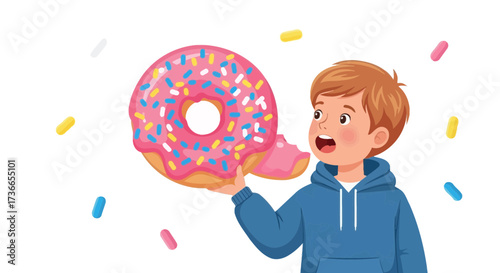 Delighted Youngster Biting Giant Donut Full Of Colorful Sprinkles With Great Passion