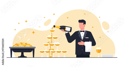 Elegant Ceremony with Champagne Pouring, Served Food, and Formal Attire Celebration