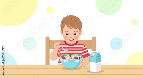 Delighted Youngster Relishing Breakfast Cereal At The Table In Illustrated Style