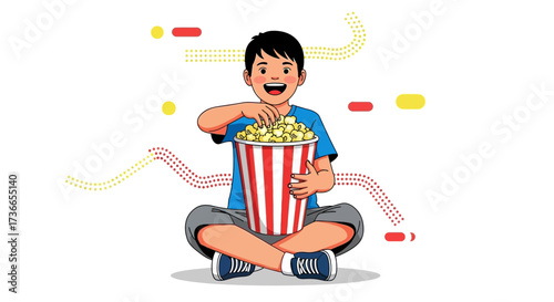 Delighted Youth Relishing Popcorn, Illustrating Joyful Moments, Isolated On White Backdrop