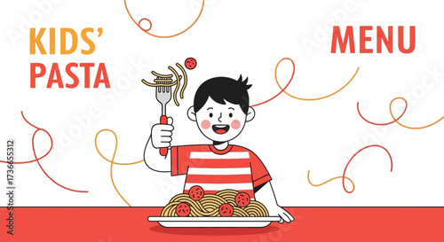 Delightful Illustration Of A Happy Kid Enjoying A Delicious Plate Of Spaghetti