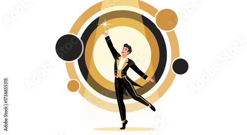 Elegant Performer Reaching For The Shimmering Star Within A Golden Emblematic Design