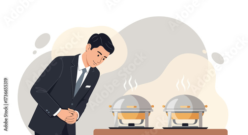 Elegant Man Inspects Prepared Dishes at a Formal Event with Sophistication, Style and Grace