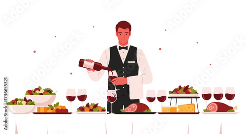 Elegant Pouring Of Wine By A Professional Waiter For A Gourmet Food Dinner
