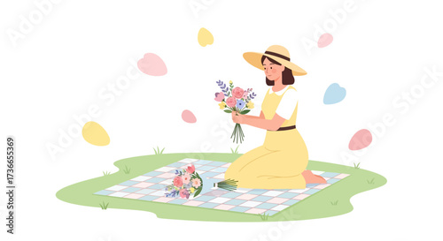 Delightful Woman Arranging Flowers At Picnic On The Green Grass Background Scene