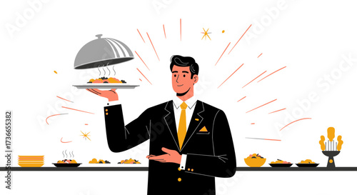 Elegant Restaurant Waiter Presenting a Gourmet Dish Under Classic Silver Cloche Cover