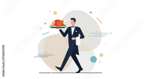Elegant Server Carrying Roasted Meal, Exuding Sophistication For Special Events