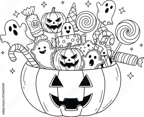 Halloween pumpkin bucket filled with spooky sweets and candies line art design