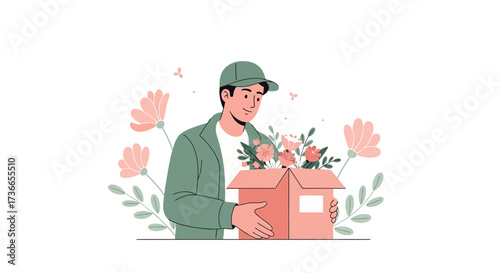 Delivery worker with flowers in a box showing a concept of sending gifts with love and care