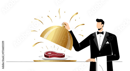 Elegant Waiter Presenting a Delicious Steak Dish on a Golden Platter Illustration