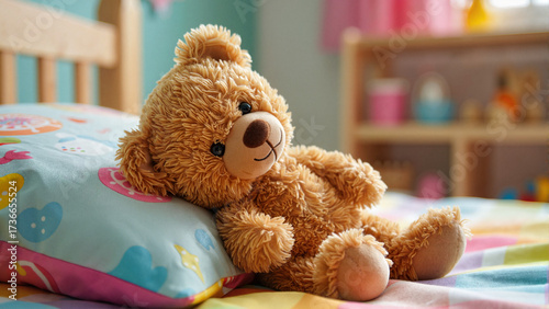 Fluffy brown teddy bear with gentle smile resting on colorful pillow against cozy children’s bedroom background with copy space