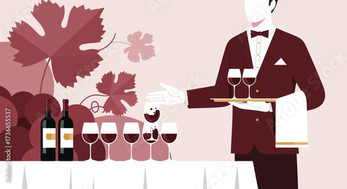 Elegant Wine Service Illustration Depicting Sommelier Expertise and Refined Presentation
