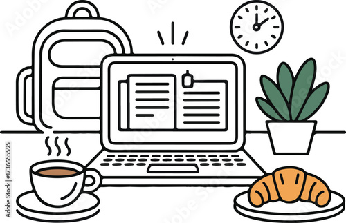 Coffee Shop Remote Worker Hand-Drawn Line Icon Pack Laptop, Espresso Cup, Croissant, Plant, Clock, Backpack, and Workspace Essentials