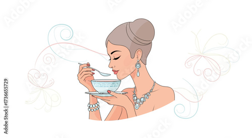 Elegant Woman Enjoys Gourmet Soup Presentation In A Refined Dining Setting