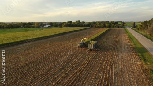 Establishing shot of Midwestern United States.  Aerial view of farmland in fall season.  Countryside, rural landscape
