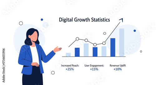 Digital growth statistics illustration with a woman presenter and business charts