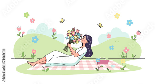 Enchanting Young Woman Reclines in a Serene Meadow, Holding a Bouquet of Fresh Flowers