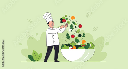 Energetic Chef Crafting a Vibrant Salad with Fresh Ingredients for Healthy Eating Habits