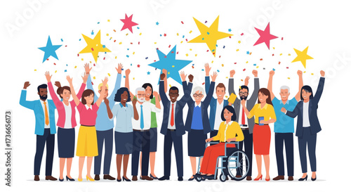 Diverse and triumphant group celebrating success with stars and confetti against white background