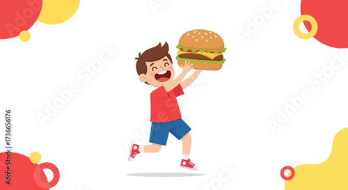 Energetic Child Holds Up A Large Hamburger Symbolizing Culinary Joy And Celebration