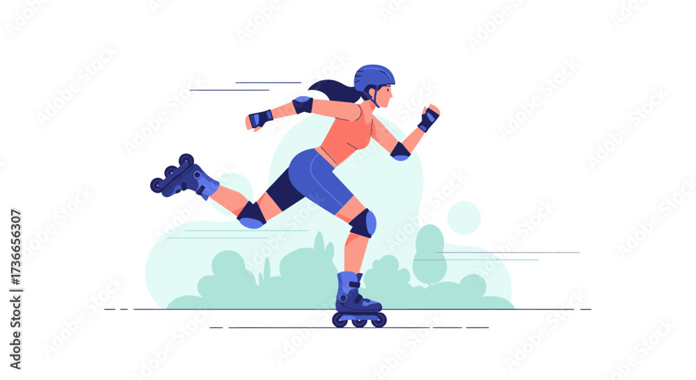 Obraz premium Energetic Vector Illustration of a Woman Rollerblading, Side View, Isolated on White Background