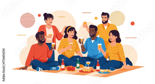 Diverse Friends Gather Together at a Picnic, Enjoying Drinks and a Delightful Celebration