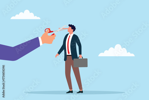 Vector illustration of a businessman with a long nose being cut by scissors, symbolizing dishonesty, lies, truth revelation, business ethics, accountability, and consequences of deception
