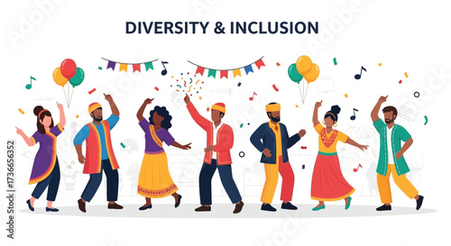 Diverse Group Dancing and Celebrating Themes of Diversity and Inclusion on a White Background