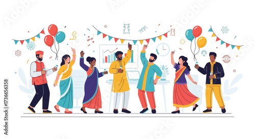 Diverse group celebrating at an office event featuring joyous people with balloons