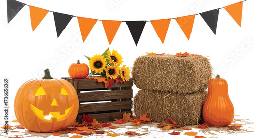 Halloween scene with pumpkins sunflowers hay bales and festive banner decor