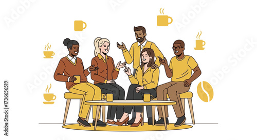 Diverse Group of Friends Enjoying Coffee Break and Conversation at a Cafe Table