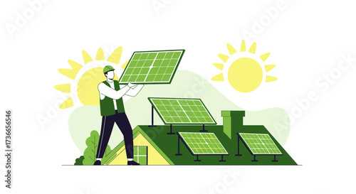 Engineer installing solar panels on a house roof to generate renewable energy