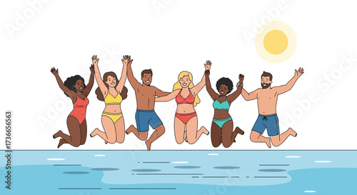 Diverse group of friends jumping into the sea, having summer fun, enjoying the sun