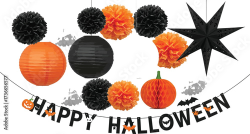 Festive halloween decorations with lanterns pom poms and a banner on white background